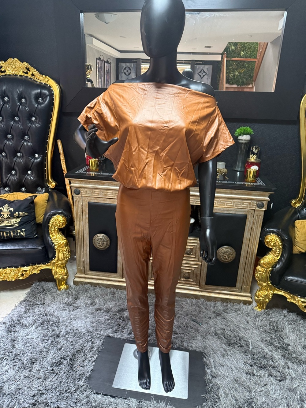Fashion Nova Women's Brown Faux-Leather Off-Shoulder Jumpsuit